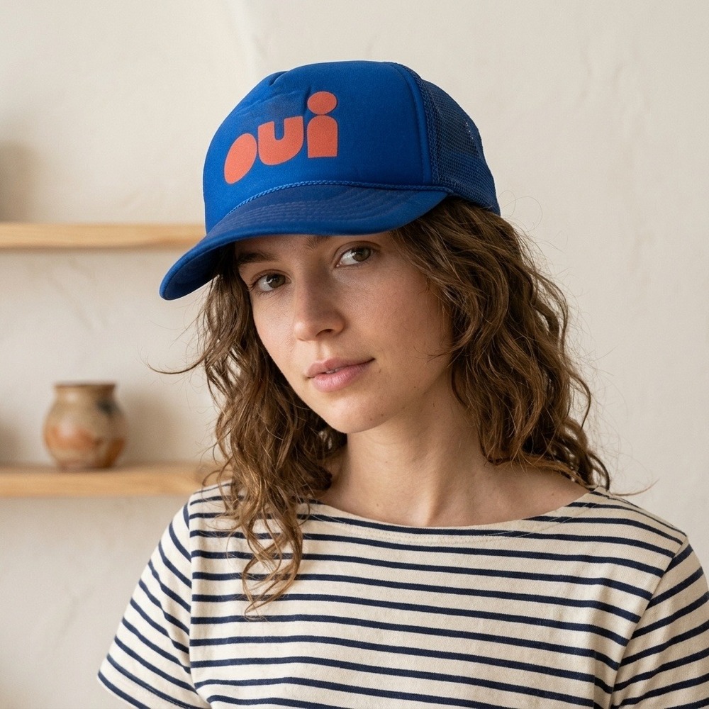 Clare V. Womens Hat OS Blue Oui Graphic Mesh Back Trucker Snapback Sporty Chic